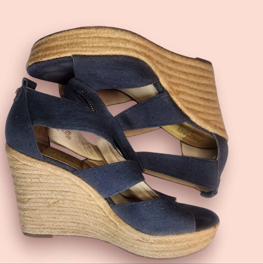 Michael Kors Womens Blue Denim Zip Up Wedge High Heels Size 10